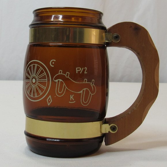 Vintage Siesta Ware Brown Barrel Amber Glass Mug Wood Handle Brass Trim Set of 5 - Picture 6 of 12